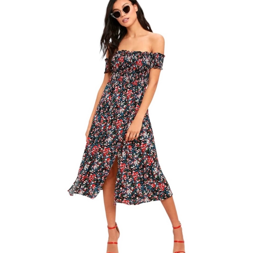 Lulu’s Floral Print Off-the-Shoulder Midi Dress